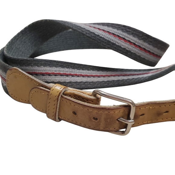 Canvas And Leather Belt. Gray, Red, & Tan. Silver Hardware. 40". Preppy Classic - Picture 2 of 8
